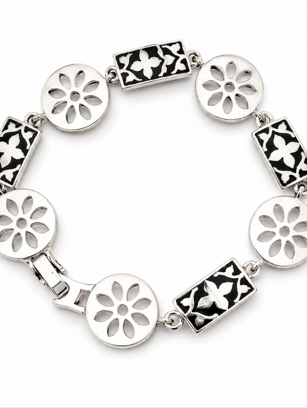 Bracelet Silver Tone Black Enamel By Liz & Co. Floral Links